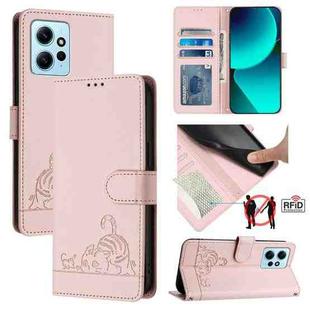 For Xiaomi Redmi Note 12 4G Global Cat Rat Embossed Pattern RFID Leather Phone Case with Lanyard(Pink)