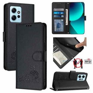 For Xiaomi Redmi Note 12 4G Global Cat Rat Embossed Pattern RFID Leather Phone Case with Lanyard(Black)