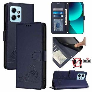 For Xiaomi Redmi Note 12 4G Global Cat Rat Embossed Pattern RFID Leather Phone Case with Lanyard(Blue)