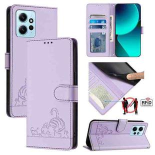For Xiaomi Redmi Note 12 4G Global Cat Rat Embossed Pattern RFID Leather Phone Case with Lanyard(Purple)