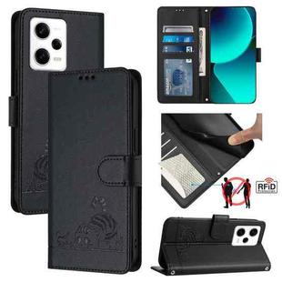 For Xiaomi Redmi Note 12 Pro Speed Cat Rat Embossed Pattern RFID Leather Phone Case with Lanyard(Black)