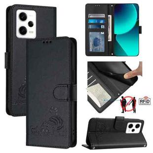 For Xiaomi POCO X5 Pro Cat Rat Embossed Pattern RFID Leather Phone Case with Lanyard(Black)