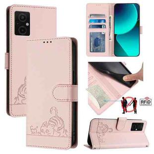 For Xiaomi Redmi Note 11E 5G Cat Rat Embossed Pattern RFID Leather Phone Case with Lanyard(Pink)