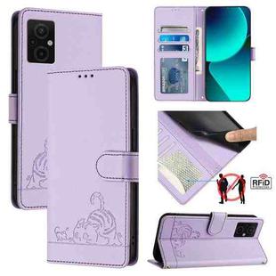 For Xiaomi Redmi Note 11E 5G Cat Rat Embossed Pattern RFID Leather Phone Case with Lanyard(Purple)