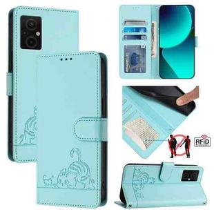 For Xiaomi Redmi 11 Prime 5G Cat Rat Embossed Pattern RFID Leather Phone Case with Lanyard(Mint Green)