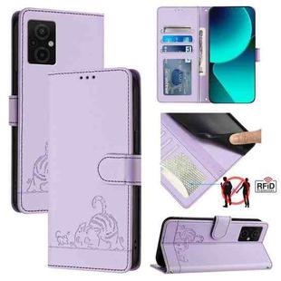 For Xiaomi Redmi 10 Prime+ 5G India Cat Rat Embossed Pattern RFID Leather Phone Case with Lanyard(Purple)