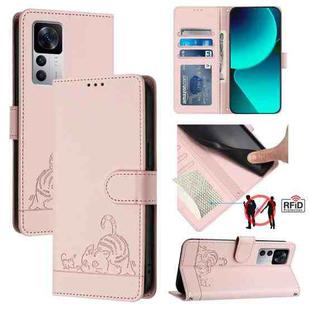For Xiaomi Redmi K50 Ultra  Cat Rat Embossed Pattern RFID Leather Phone Case with Lanyard(Pink)