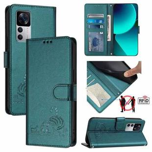 For  Xiaomi 12T / 12T Pro Cat Rat Embossed Pattern RFID Leather Phone Case with Lanyard(Peacock Green)