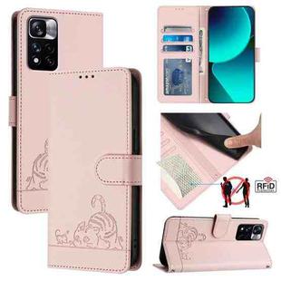 For Xiaomi Redmi Note 11 Pro 4G Global Cat Rat Embossed Pattern RFID Leather Phone Case with Lanyard(Pink)