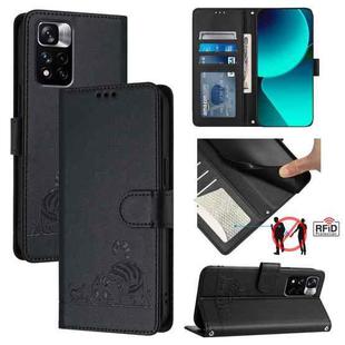 For Xiaomi Redmi Note 11 Pro 5G Global Cat Rat Embossed Pattern RFID Leather Phone Case with Lanyard(Black)