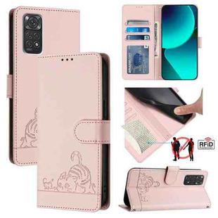 For Xiaomi Redmi Note 11S 5G Cat Rat Embossed Pattern RFID Leather Phone Case with Lanyard(Pink)