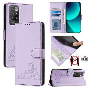 For Xiaomi Redmi 10 4G 2021 Global Cat Rat Embossed Pattern RFID Leather Phone Case with Lanyard(Purple)