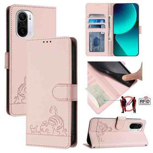 For Xiaomi POCO F3 / 11i Cat Rat Embossed Pattern RFID Leather Phone Case with Lanyard(Pink)