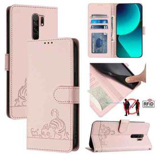 For Xiaomi Redmi 9 Prime India Cat Rat Embossed Pattern RFID Leather Phone Case with Lanyard(Pink)