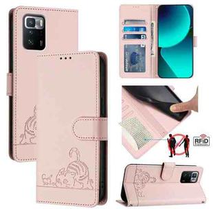 For Xiaomi POCO X3 GT Cat Rat Embossed Pattern RFID Leather Phone Case with Lanyard(Pink)