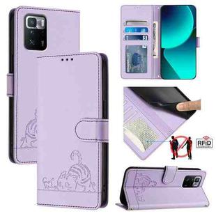 For Xiaomi POCO X3 GT Cat Rat Embossed Pattern RFID Leather Phone Case with Lanyard(Purple)