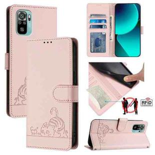 For Xiaomi Redmi Note 10s 4G Cat Rat Embossed Pattern RFID Leather Phone Case with Lanyard(Pink)