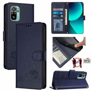 For Xiaomi Redmi Note 10s 4G Cat Rat Embossed Pattern RFID Leather Phone Case with Lanyard(Blue)