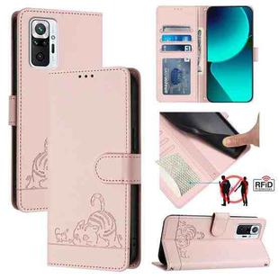 For Xiaomi Redmi Note 10 Pro Max Cat Rat Embossed Pattern RFID Leather Phone Case with Lanyard(Pink)