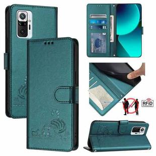For Xiaomi Redmi Note 10 Pro Max Cat Rat Embossed Pattern RFID Leather Phone Case with Lanyard(Peacock Green)