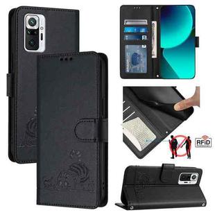 For Xiaomi Redmi Note 10 Pro India Cat Rat Embossed Pattern RFID Leather Phone Case with Lanyard(Black)