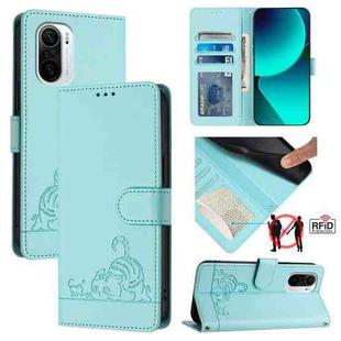 For Xiaomi Redmi K40 / K40 Pro Cat Rat Embossed Pattern RFID Leather Phone Case with Lanyard(Mint Green)