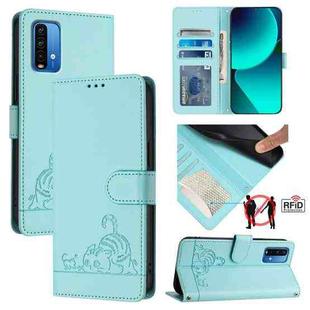 For Xiaomi Redmi 9 Power Cat Rat Embossed Pattern RFID Leather Phone Case with Lanyard(Mint Green)