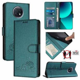 For Xiaomi Redmi Note 9T Global Cat Rat Embossed Pattern RFID Leather Phone Case with Lanyard(Peacock Green)