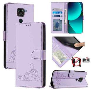 For Xiaomi Redmi 10X 4G Cat Rat Embossed Pattern RFID Leather Phone Case with Lanyard(Purple)