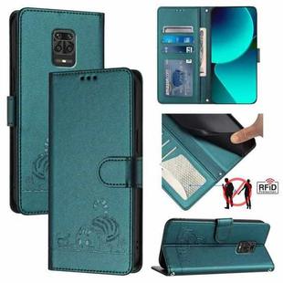 For Xiaomi Redmi Note 9 Pro Max 4G Cat Rat Embossed Pattern RFID Leather Phone Case with Lanyard(Peacock Green)