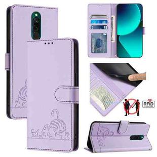 For Xiaomi Redmi 8 Cat Rat Embossed Pattern RFID Leather Phone Case with Lanyard(Purple)