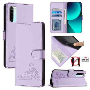 For Xiaomi Redmi Note 8 Cat Rat Embossed Pattern RFID Leather Phone Case with Lanyard(Purple)