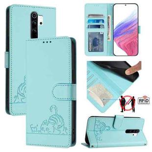 For Xiaomi Redmi Note 8 Pro Cat Rat Embossed Pattern RFID Leather Phone Case with Lanyard(Mint Green)