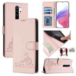 For Xiaomi Redmi Note 8 Pro Cat Rat Embossed Pattern RFID Leather Phone Case with Lanyard(Pink)