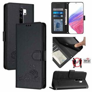 For Xiaomi Redmi Note 8 Pro Cat Rat Embossed Pattern RFID Leather Phone Case with Lanyard(Black)