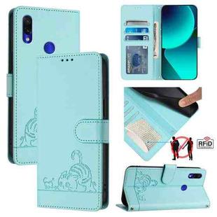 For Xiaomi Redmi Note 7 Pro Cat Rat Embossed Pattern RFID Leather Phone Case with Lanyard(Mint Green)