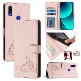 For Xiaomi Redmi Note 7 Pro Cat Rat Embossed Pattern RFID Leather Phone Case with Lanyard(Pink)