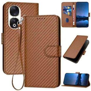 For Honor 90 YX0070 Carbon Fiber Buckle Leather Phone Case with Lanyard(Coffee)