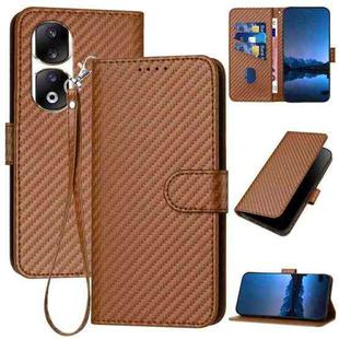 For Honor 90 Pro YX0070 Carbon Fiber Buckle Leather Phone Case with Lanyard(Coffee)