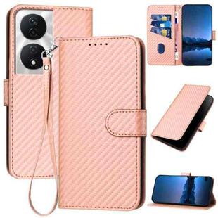 For Honor X7b 5G YX0070 Carbon Fiber Buckle Leather Phone Case with Lanyard(Pink)