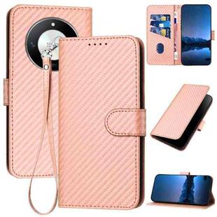 For Honor X50 YX0070 Carbon Fiber Buckle Leather Phone Case with Lanyard(Pink)