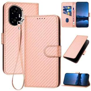 For Honor 300 YX0070 Carbon Fiber Buckle Leather Phone Case with Lanyard(Pink)