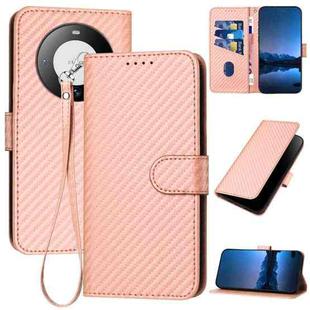 For Huawei Mate 60 YX0070 Carbon Fiber Buckle Leather Phone Case with Lanyard(Pink)