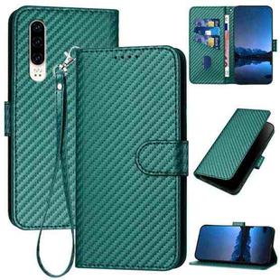 For Huawei P30 YX0070 Carbon Fiber Buckle Leather Phone Case with Lanyard(Dark Green)