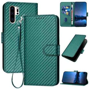 For Huawei P30 Pro YX0070 Carbon Fiber Buckle Leather Phone Case with Lanyard(Dark Green)