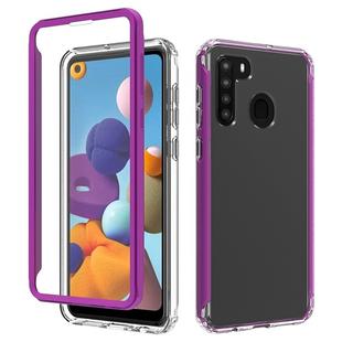 For Samsung Galaxy A21 Shockproof TPU Frame + Clear PC Back Case + Front PET Screen Protector(Purple)