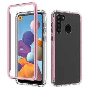 For Samsung Galaxy A21 Shockproof TPU Frame + Clear PC Back Case + Front PET Screen Protector(Pink)