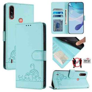 For Motorola Moto E7 Power Cat Rat Embossed Pattern RFID Leather Phone Case with Lanyard(Mint Green)