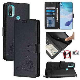 For Motorola Moto E20/E30/E40 Cat Rat Embossed Pattern RFID Leather Phone Case with Lanyard(Black)