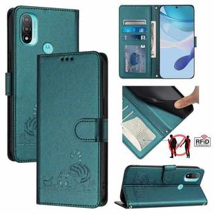 For Motorola Moto E20/E30/E40 Cat Rat Embossed Pattern RFID Leather Phone Case with Lanyard(Peacock Green)